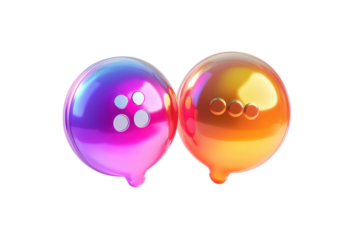 Shiny metallic balloons purple and gold isolated on transparent background. Metallic balloon like chat icons with purple pink and orange color isolated on white background, 3d rendering.