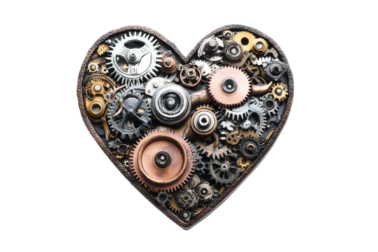 Steampunk heart made of gears and clockwork isolated on transparent background. Inspired heart made of gears cogs and mechanical parts isolated on white background.
