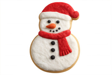 Delicious snowman shaped christmas cookie wearing a santa hat and red scarf, isolated on transparent background