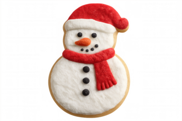 Delicious snowman shaped christmas cookie wearing a santa hat and red scarf, isolated on transparent background
