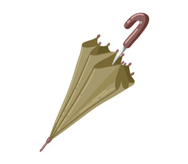 Gray-green Folded umbrella cane isolated on white. Rain protection accessory with handle. Flat cartoon vector illustration.