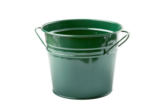 Vintage green metal pail with wire handle isolated on transparent background. Metallic bucket with handle durable and versatile container isolated on white background.