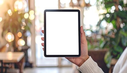 Discover endless possibilities with a blank tablet screen held in a cozy, warmly lit cafe setting