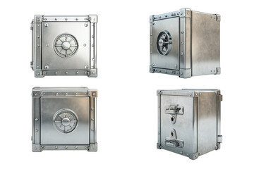 Vintage metal safe with combination lock isolated on transparent background. Metallic safes with rotary wheel locks shown in four different angles displayed on a plain isolated on white background.