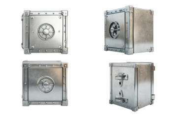 Vintage metal safe with combination lock isolated on transparent background. Metallic safes with rotary wheel locks shown in four different angles displayed on a plain isolated on white background.