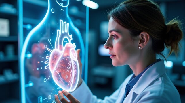 Female scientist examining a glowing holographic human heart on a futuristic display.