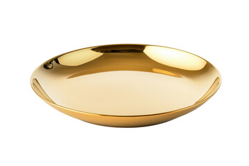 Shiny golden shallow dish isolated on transparent background. Minimalist golden plate with smooth finish featuring a sleek and reflective surface isolated on white background.