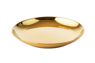 Shiny golden shallow dish isolated on transparent background. Minimalist golden plate with smooth finish featuring a sleek and reflective surface isolated on white background.