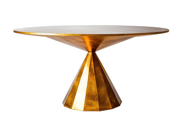 Modern geometric gold pedestal table with marble top isolated on transparent background. Modern geometric dining table with a single triangular base isolated on white background.