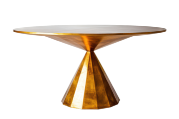 Modern geometric gold pedestal table with marble top isolated on transparent background. Modern geometric dining table with a single triangular base isolated on white background.
