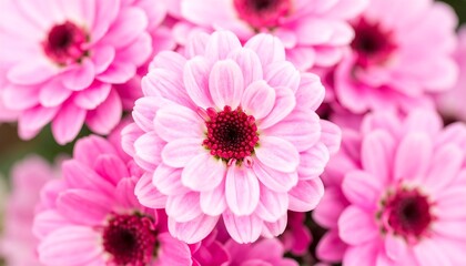 Close-up of several light pink flowers with dark pink centers, tightly clustered together