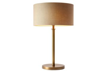 Elegant gold floor lamp with textured shade isolated on transparent background. Modern table lamp with a brass base isolated on white background.