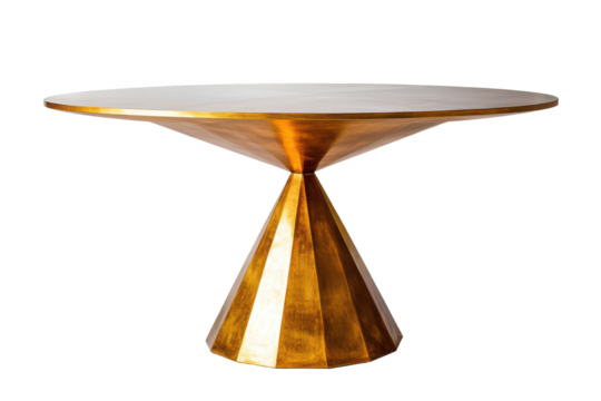 Modern geometric gold pedestal table with marble top isolated on transparent background. Modern geometric dining table with a single triangular base isolated on white background.