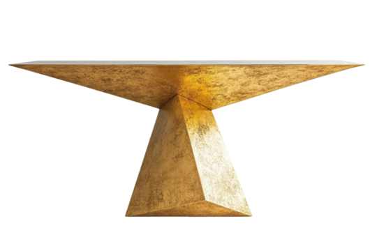 Modern geometric gold pedestal table with marble top isolated on transparent background. Modern geometric dining table with a single triangular base isolated on white background.