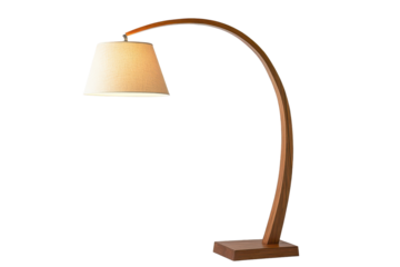 Curved wooden floor lamp with woven lampshade isolated on transparent background. Modern wooden arc floor lamp featuring isolated on white background.