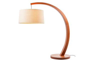 Curved wooden floor lamp with woven lampshade isolated on transparent background. Modern wooden arc floor lamp featuring isolated on white background.