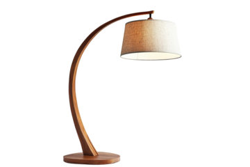 Curved wooden floor lamp with woven lampshade isolated on transparent background. Modern wooden arc floor lamp featuring isolated on white background.