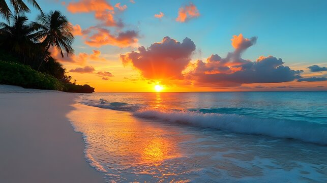 Vibrant sunset over tranquil beach with gentle waves and palm trees in the foreground