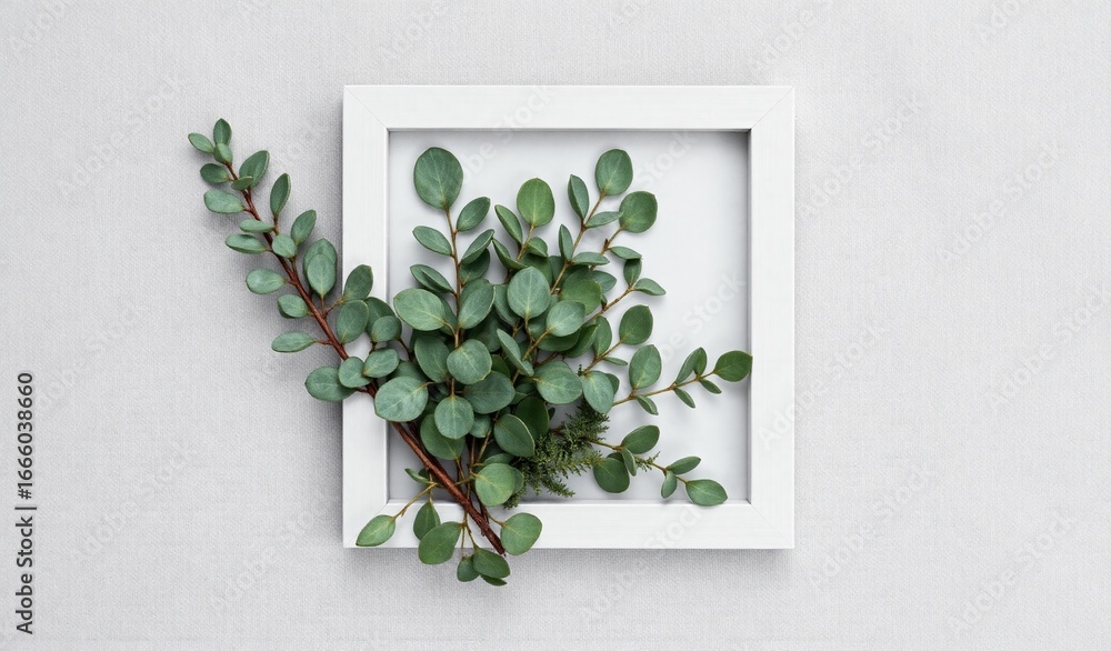 Poster a fresh green botanical sprig elegantly arranged within and around a simple white square frame on a 