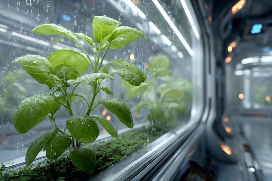 interior of a futuristic hydroponic farm inside a space station, plants floating weightlessly in transparent nutrient-filled pods