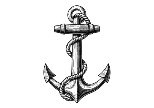 Vintage nautical anchor with thick rope, a classic maritime symbol of stability and strength, perfect for marine themes and seafaring adventures.