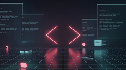 Futuristic programming environment with glowing code symbols, abstract digital space, and neon accents