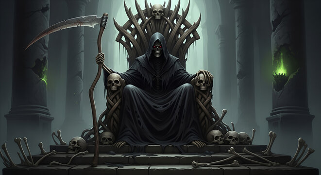 The Grim Reaper's Throne A Dark Fantasy Scene of Death and Skulls