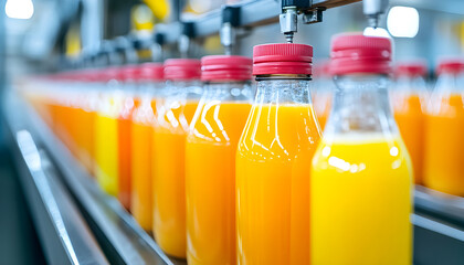 Row of colorful fruit juice bottles on a beverage factory production line. Amber liquid drinks in glass bottles, caps, screw caps