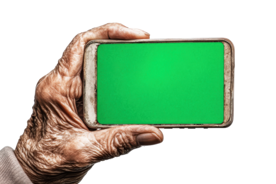 Elderly hand holding a smartphone with a green screen isolated on transparent background. Old hand holding smartphone with blank green screen isolated on white background.