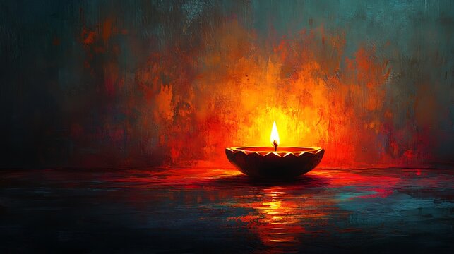 Diya Candle with Fiery Orange and Teal Abstract Background oil lamp light