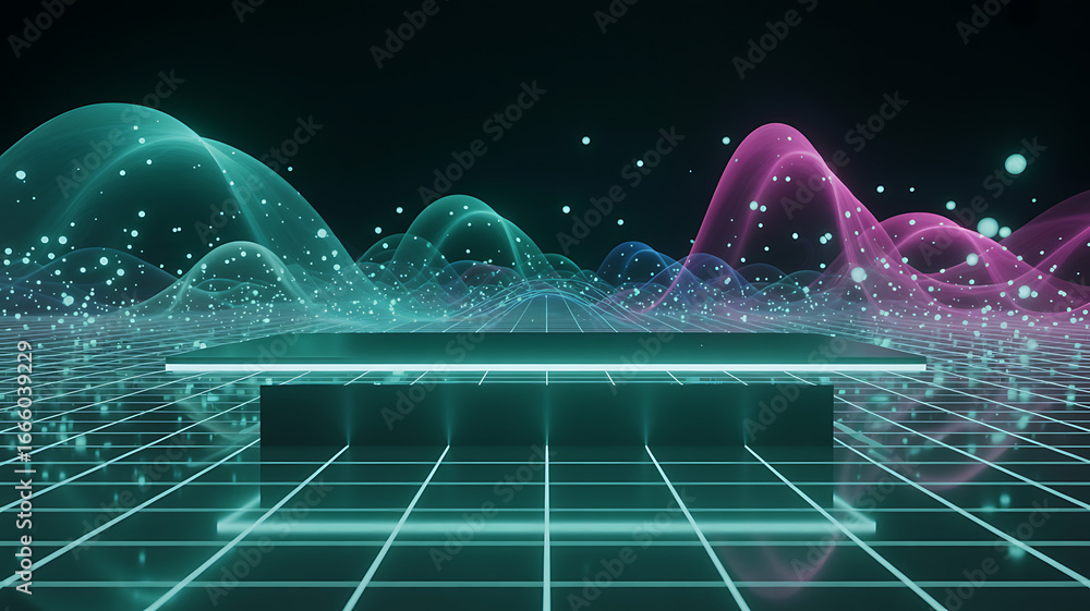 Poster dynamic abstract data visualization with vibrant glowing lines and futuristic platform design