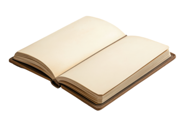 Antique open book with blank pages isolated on transparent background. Open blank notebook with a brown cover featuring empty pages ready for notes sketches isolated on white background.