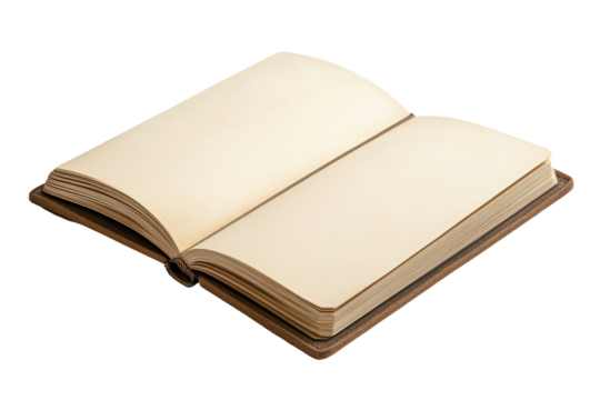 Antique open book with blank pages isolated on transparent background. Open blank notebook with a brown cover featuring empty pages ready for notes sketches isolated on white background.