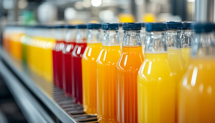 Row of colorful fruit juice bottles on a beverage factory production line. Amber liquid drinks in glass bottles, caps, screw caps