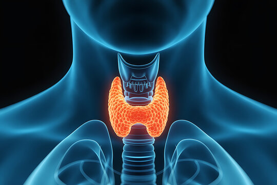 3d medical rendering of the thyroid gland in the neck showing lobes isthmus and tissue texture with endocrine hormones and metabolism control for healthcare study and education