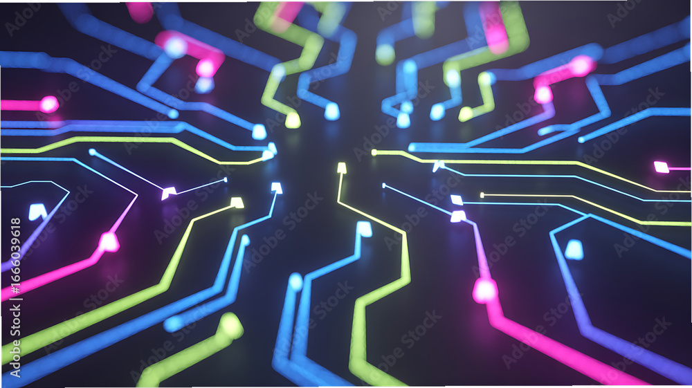 Poster dynamic futuristic circuit board design with glowing neon lines and vibrant colors for tech innovati