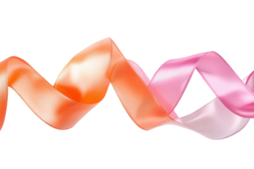 Flowing gradient ribbon isolated on transparent background. Orange and pink satin ribbon with smooth flowing curls isolated on white background.