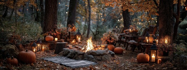 Outdoor Halloween decorations around small bonfire, carved pumpkins, scattered candy and candles, warm cozy light, ample blank space