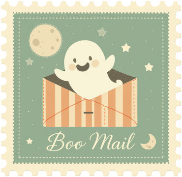 Halloween stamp, Cute ghost character popping out of striped envelope with Boo Mail text in a vintage postage stamp style illustration. Perfect for Halloween cards, stickers, and seasonal branding.