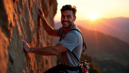 attractive young caucasian smiling man climber on mountain. extremal guy on stone wall. extrem jorney. active sport life. traveler rock climber climbs a rock.