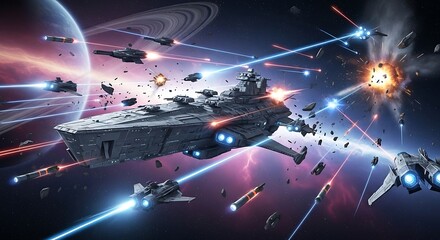 Naklejka premium Spaceships in cosmic battle