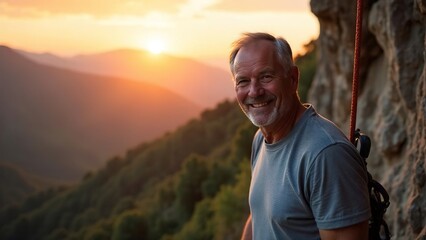 attractive elderly caucasian smiling man climber on mountain. extremal old man on stone wall. extrem jorney. active sport life. pensioner traveler rock climber climbs a rock.