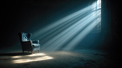 Solitary chair in dark room, sunbeams