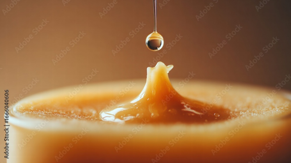 Poster a droplet of caramel falls, creating a captivating splash in this macro shot.