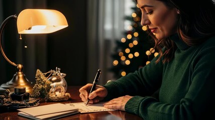 Caucasian woman writing christmas cards under a lamp, with holiday decor and a decorated tree in the background, a festive video. - Powered by Adobe
