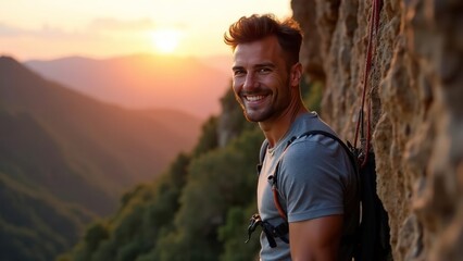 attractive young caucasian smiling man climber on mountain. extremal guy on stone wall. extrem jorney. active sport life. traveler rock climber climbs a rock.