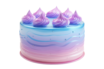 Festive pink and purple drip cake with swirled meringue topping isolated on transparent background. Pastel cake featuring glossy icing in soft blue pink and purple tones isolated on white background.