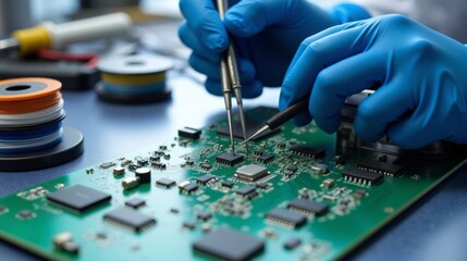 Expert hands in blue gloves working on advanced electronic components.