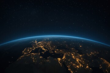 Naklejka premium Earth at night from space showing city lights and atmosphere glow illustration