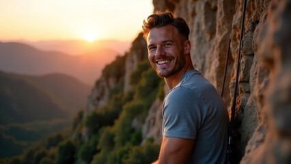 attractive young caucasian smiling man climber on mountain. extremal guy on stone wall. extrem jorney. active sport life. traveler rock climber climbs a rock.